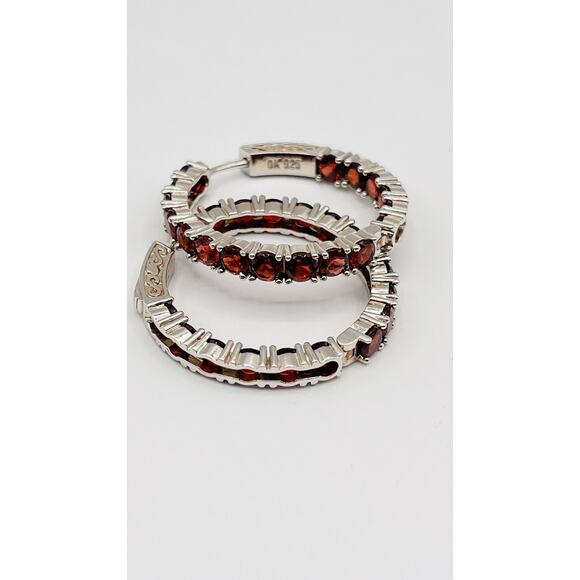 Garnet Gemstone Large Chunky Hoops Earrings 925 Sterling Silver - Picture 1 of 7